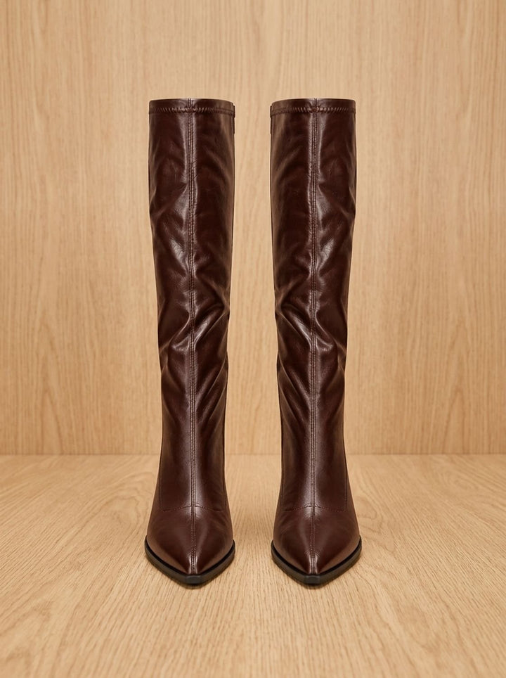 Women's Pointed-Toe Knee High Boots Chunky Block Heel Knee-High