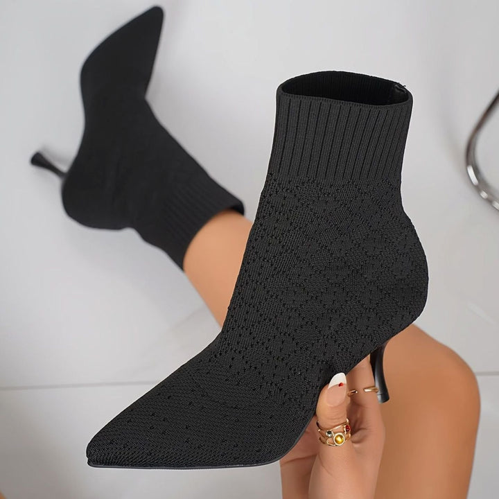 Women's Pointed-Toe Knit Sock Ankle Boots Stiletto Heel - Black
