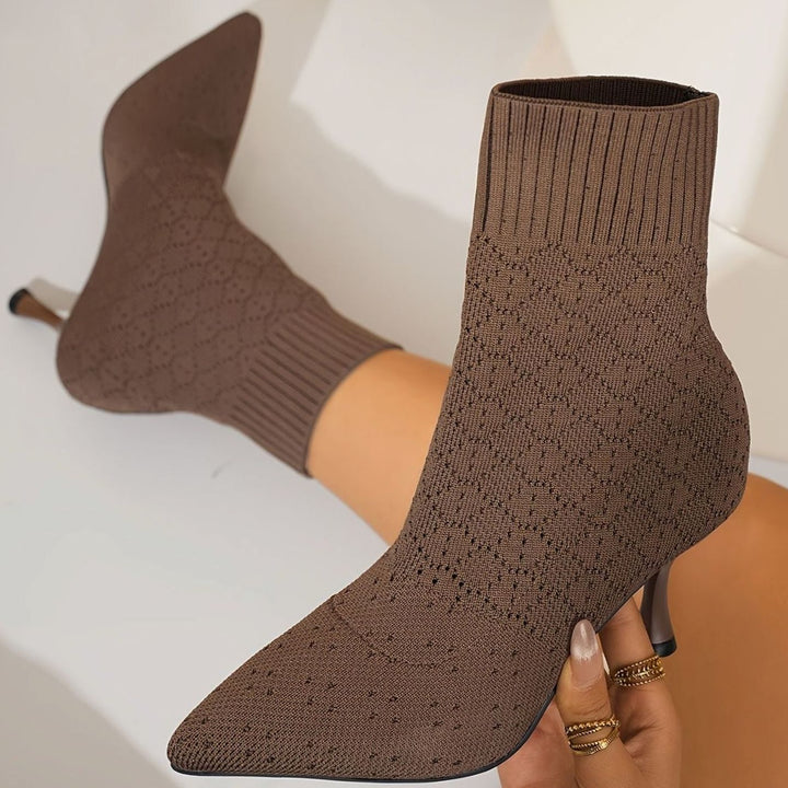 Women's Pointed-Toe Knit Sock Ankle Boots Stiletto Heel - Dark Brown