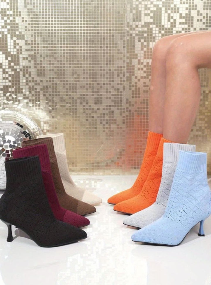 Women's Pointed-Toe Knit Sock Ankle Boots Stiletto Heel