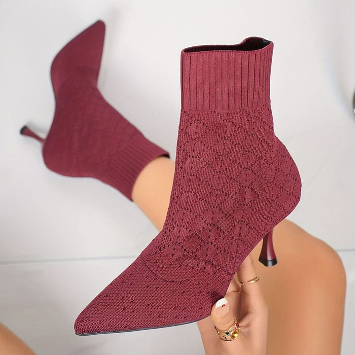 Women's Pointed-Toe Knit Sock Ankle Boots Stiletto Heel - Burgundy