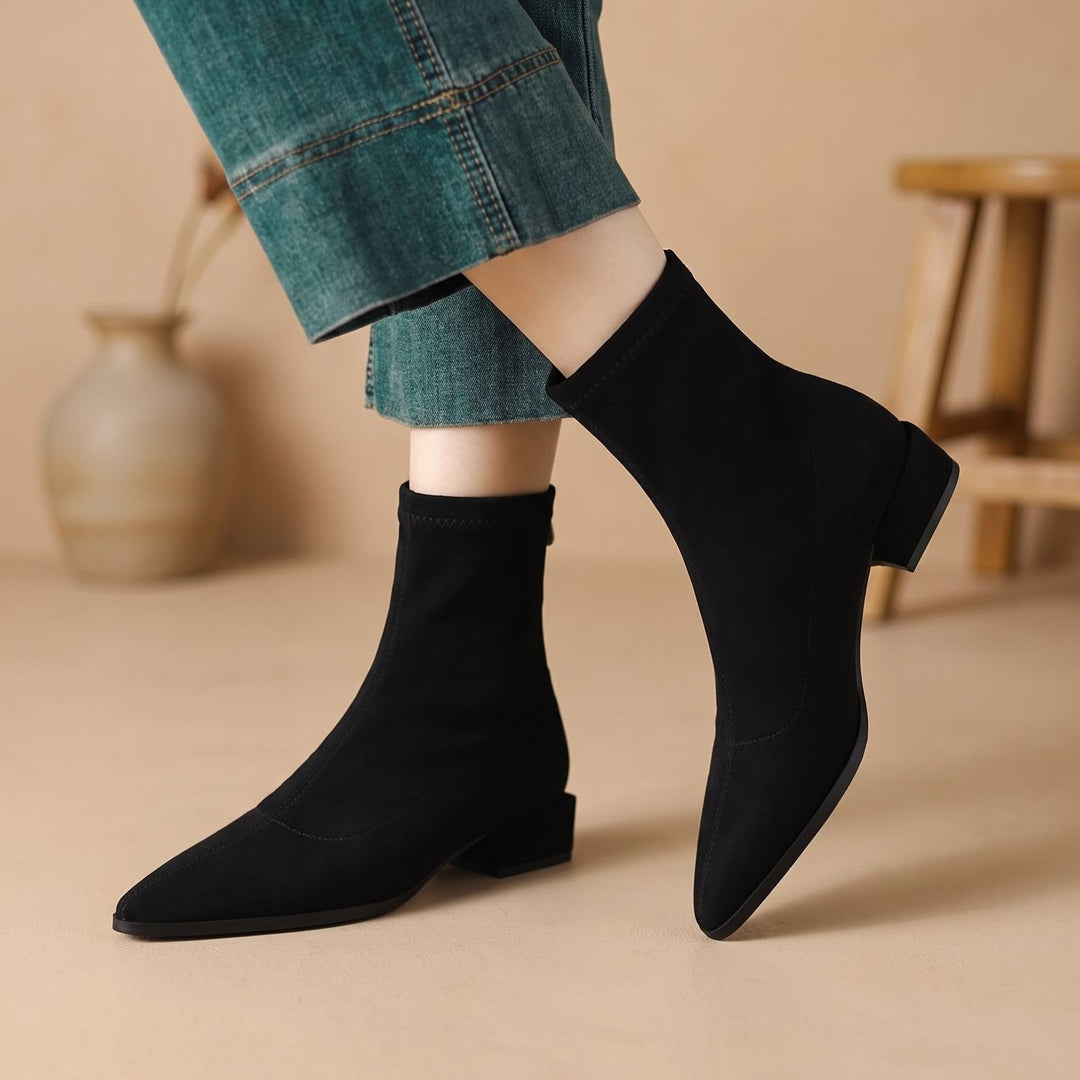 Women's Pointed-Toe Low Block Heel Ankle Boots - Black
