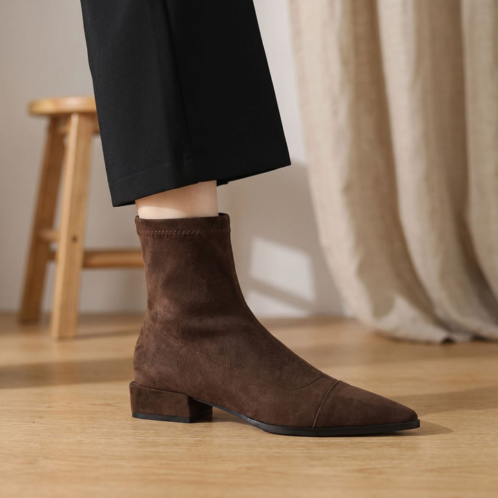 Women's Pointed-Toe Low Block Heel Ankle Boots - Brown