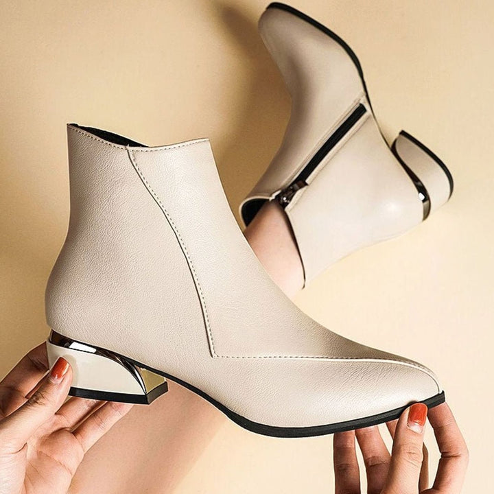 Women's Pointed-Toe Low-Heel Zipper Ankle Boots - Cream White