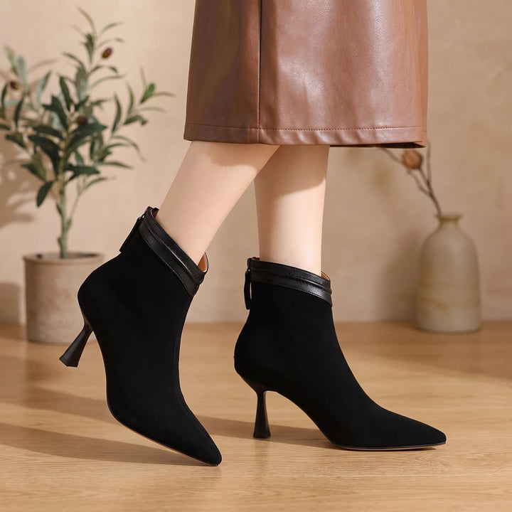 Women's Pointed-Toe Stiletto Heel Suede Ankle Boots - Black
