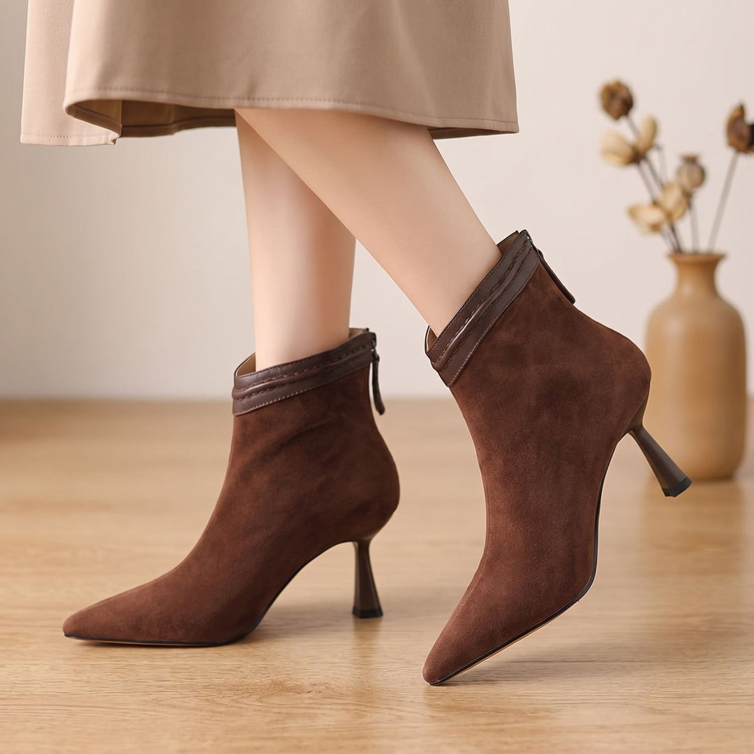 Women's Pointed-Toe Stiletto Heel Suede Ankle Boots - Brown