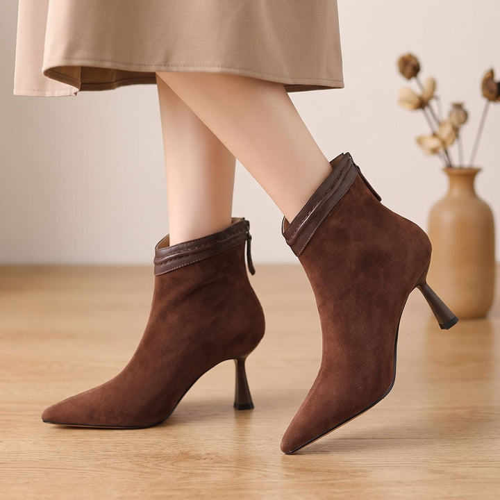Women's Pointed-Toe Stiletto Heel Suede Ankle Boots - Brown