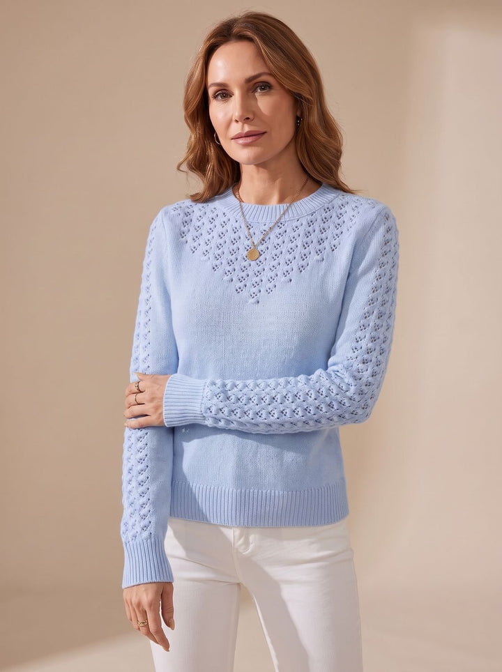 Women's Pointelle-Knit Cropped Round-Neck Long-Sleeve Sweater - Light Blue