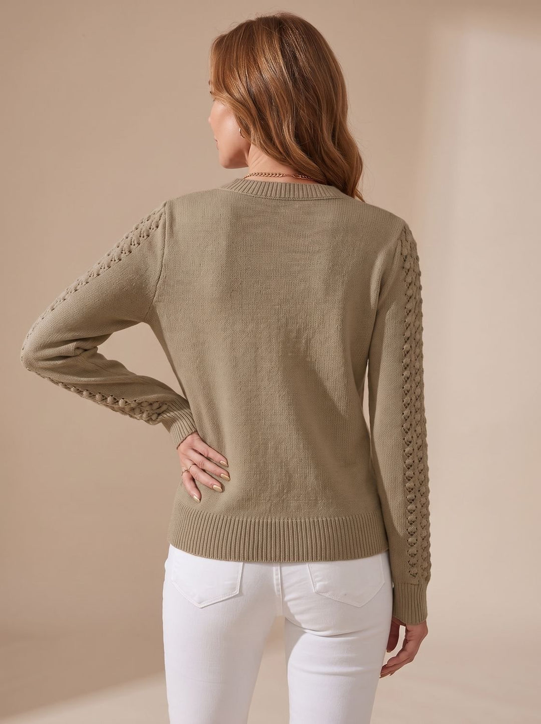 Women's Pointelle-Knit Cropped Round-Neck Long-Sleeve Sweater
