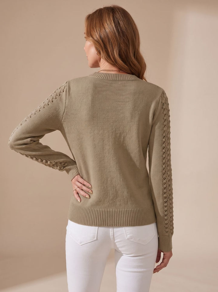 Women's Pointelle-Knit Cropped Round-Neck Long-Sleeve Sweater