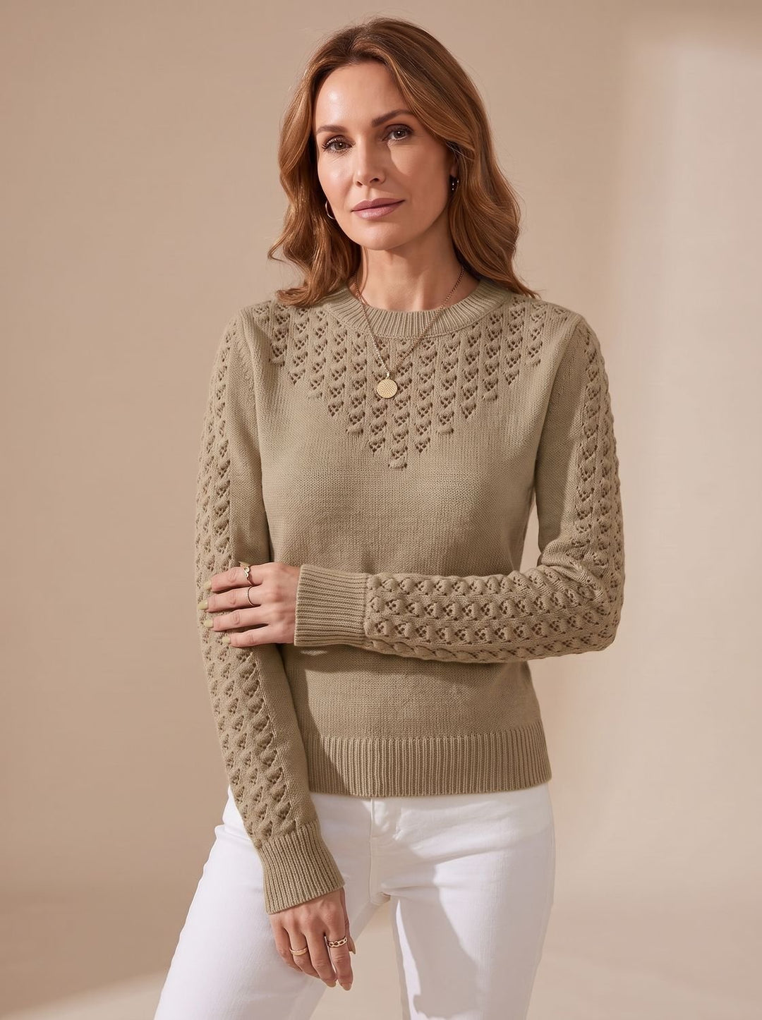 Women's Pointelle-Knit Cropped Round-Neck Long-Sleeve Sweater - Brown