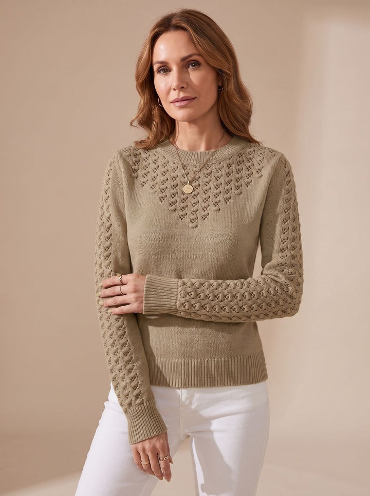 Women's Pointelle-Knit Cropped Round-Neck Long-Sleeve Sweater - Brown
