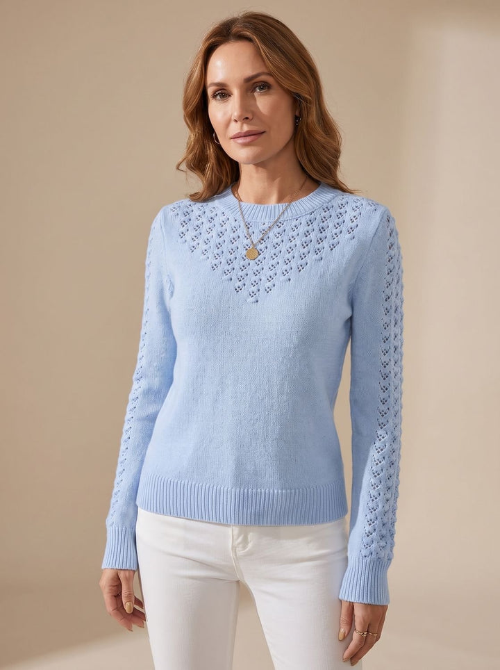 Women's Pointelle-Knit Cropped Round-Neck Long-Sleeve Sweater