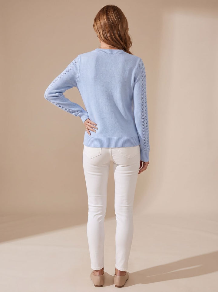 Women's Pointelle-Knit Cropped Round-Neck Long-Sleeve Sweater