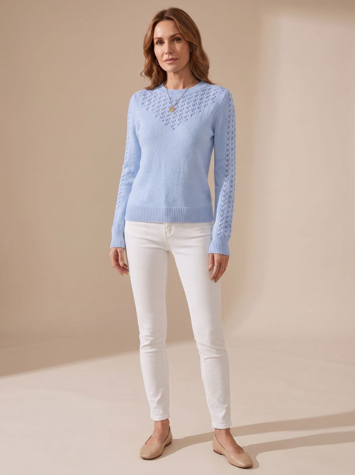 Women's Pointelle-Knit Cropped Round-Neck Long-Sleeve Sweater