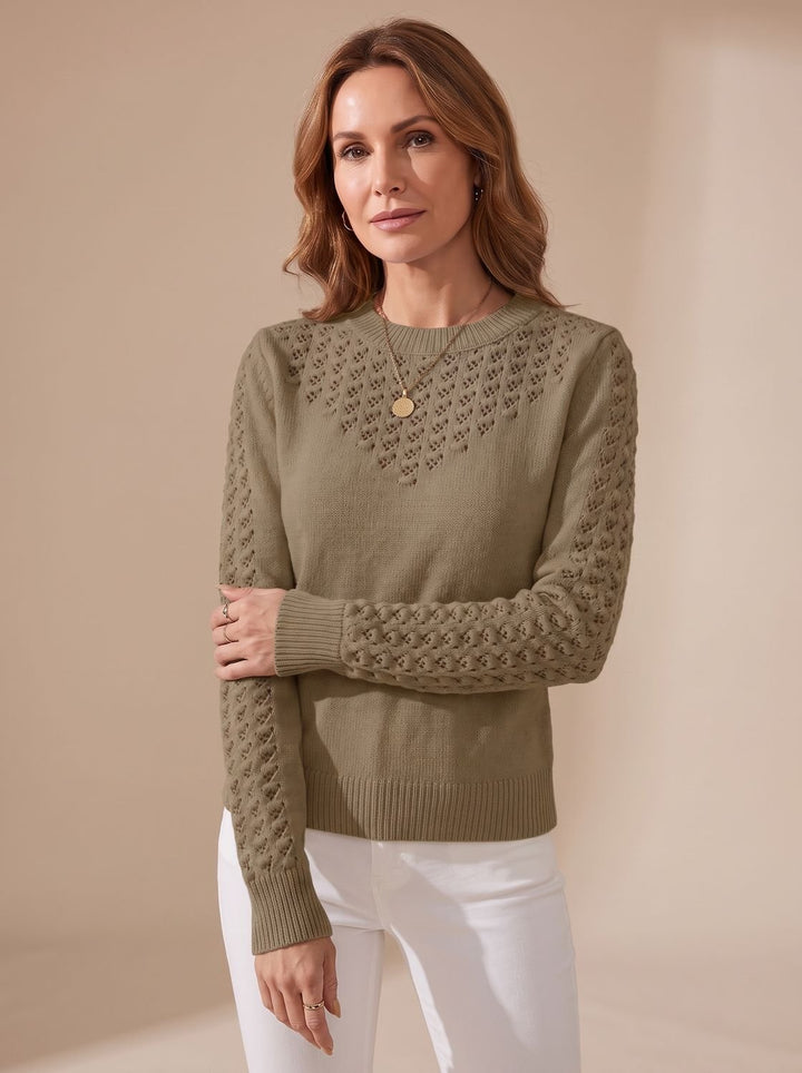 Women's Pointelle-Knit Cropped Round-Neck Long-Sleeve Sweater