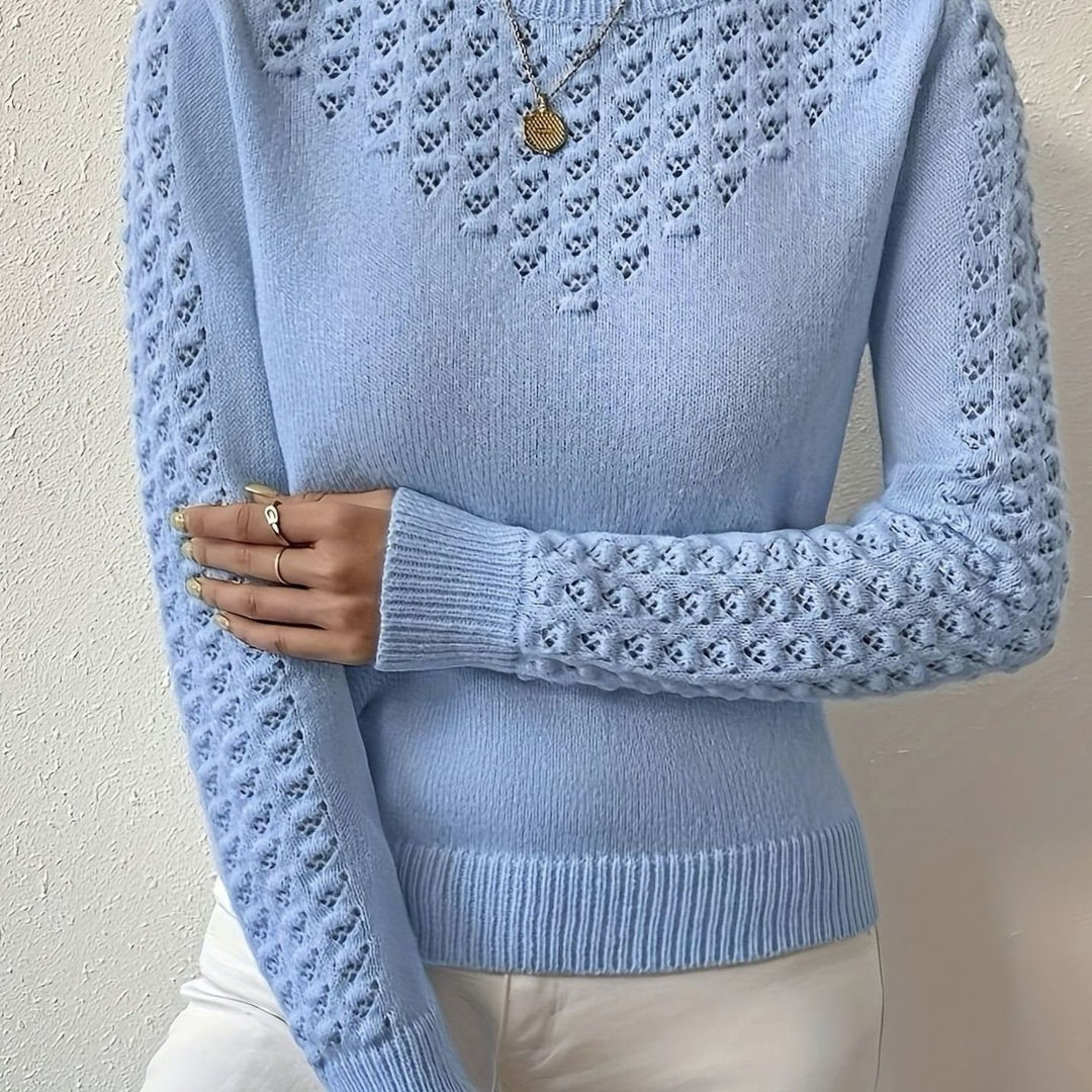 Women's Pointelle-Knit Round Neck Sweater Slim Fit - Light Blue