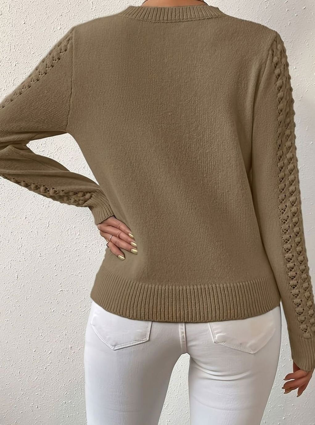 Women's Pointelle-Knit Round Neck Sweater Slim Fit