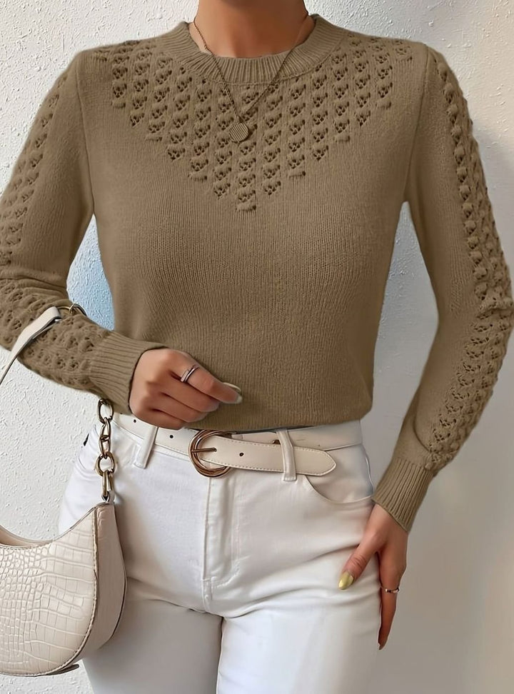 Women's Pointelle-Knit Round Neck Sweater Slim Fit