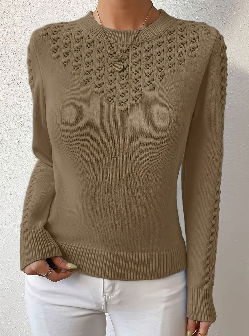 Women's Pointelle-Knit Round Neck Sweater Slim Fit