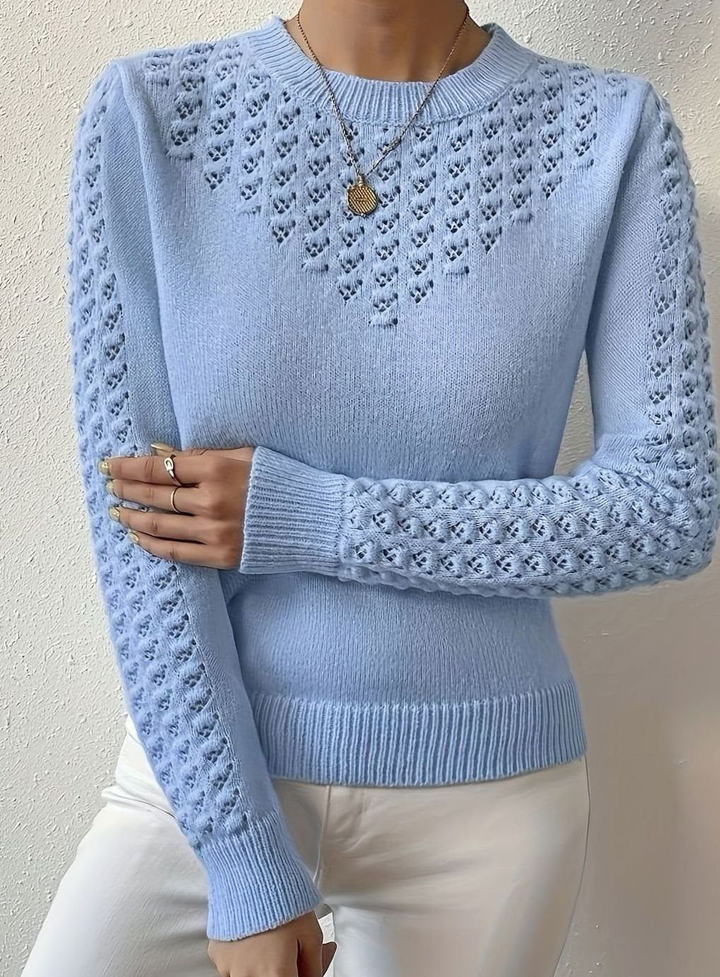 Women's Pointelle-Knit Round Neck Sweater Slim Fit