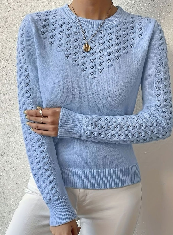 Women's Pointelle-Knit Round Neck Sweater Slim Fit