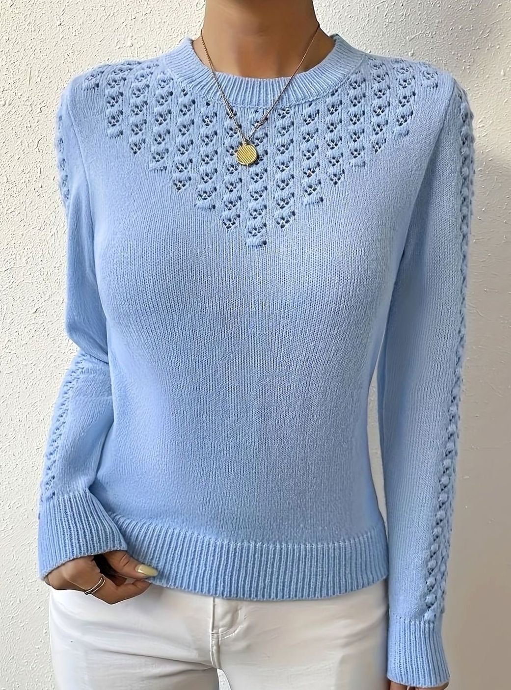 Women's Pointelle-Knit Round Neck Sweater Slim Fit