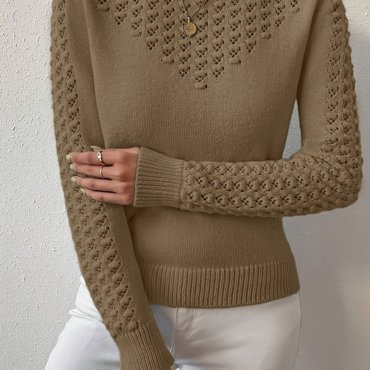 Women's Pointelle-Knit Round Neck Sweater Slim Fit - Brown