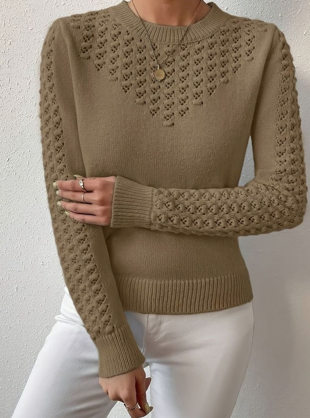 Women's Pointelle-Knit Round Neck Sweater Slim Fit
