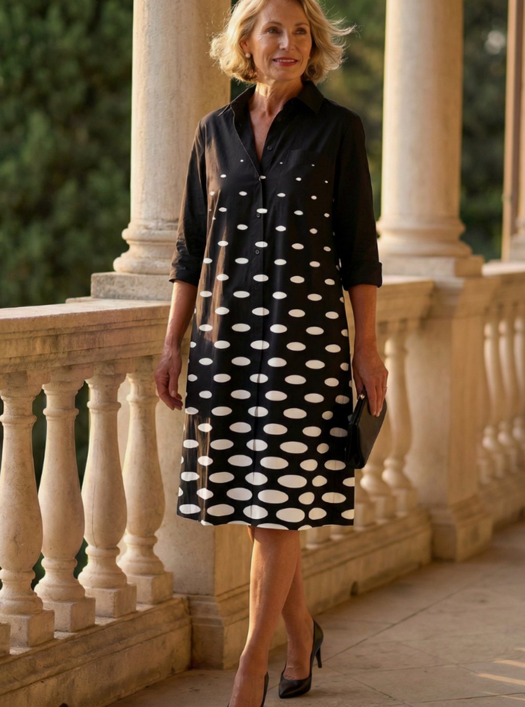 Women's Polka Dot Collared Knee-Length Shirt Dress - Black