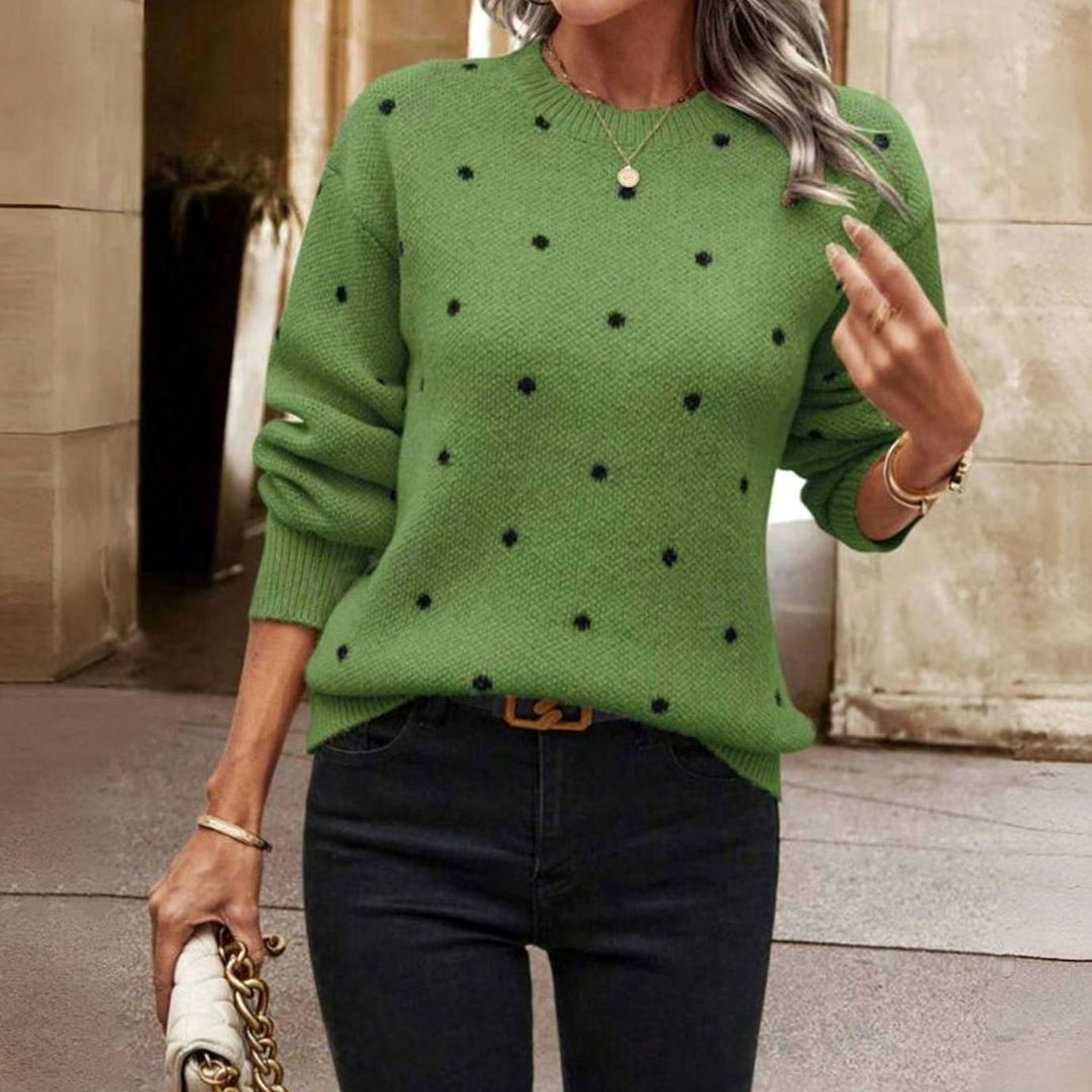 Women's Polka Dot Crewneck Knit Sweater Ribbed Trim Knitwear - Green
