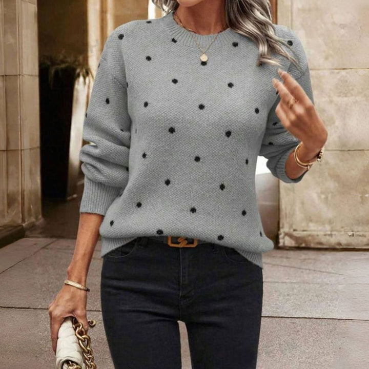 Women's Polka Dot Crewneck Knit Sweater Ribbed Trim Knitwear - Grey