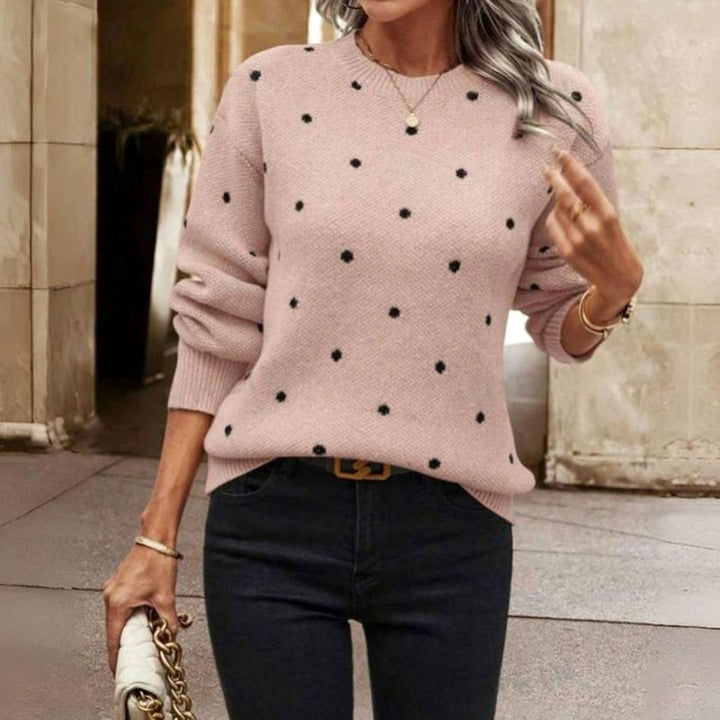 Women's Polka Dot Crewneck Knit Sweater Ribbed Trim Knitwear - Pink