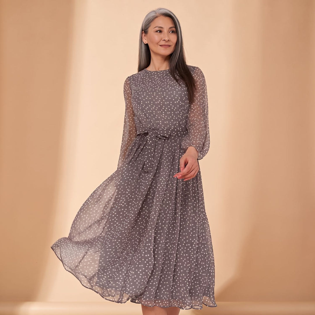 Women's Polka Dot Long Sleeve A-Line Midi Dress - Gray