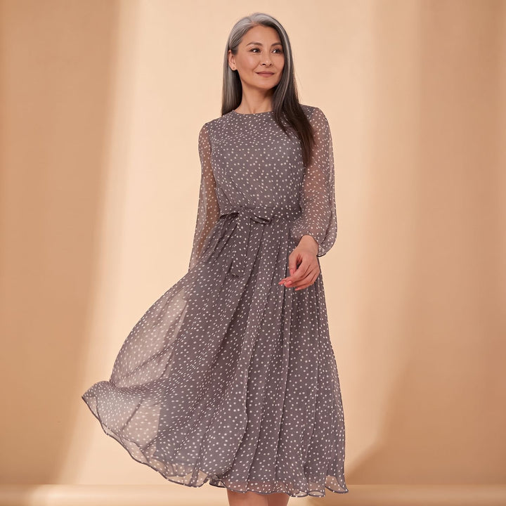 Women's Polka Dot Long Sleeve A-Line Midi Dress - Gray