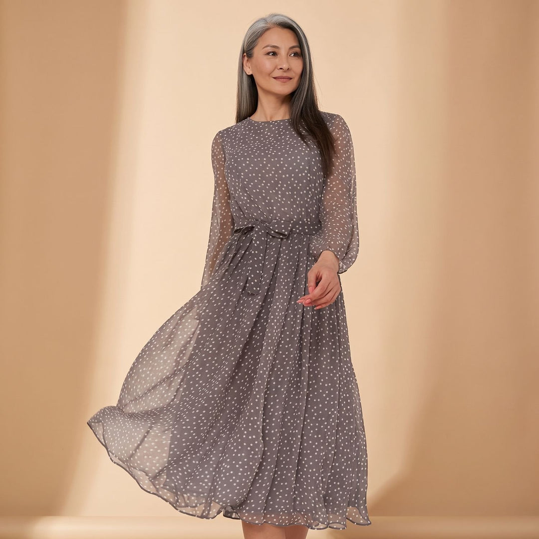 Women's Polka Dot Long Sleeve A-Line Midi Dress