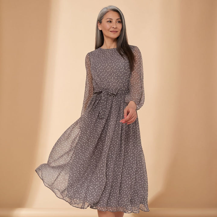 Women's Polka Dot Long Sleeve A-Line Midi Dress