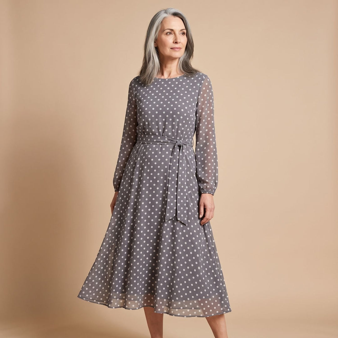 Women's Polka Dot Long Sleeve A-Line Midi Dress