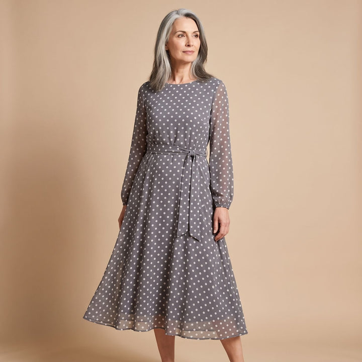 Women's Polka Dot Long Sleeve A-Line Midi Dress