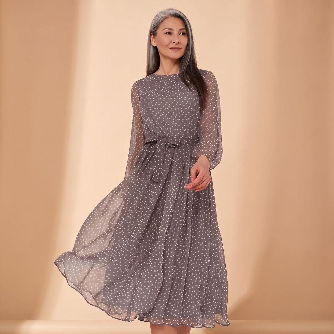 Women's Polka Dot Long Sleeve A-Line Midi Dress