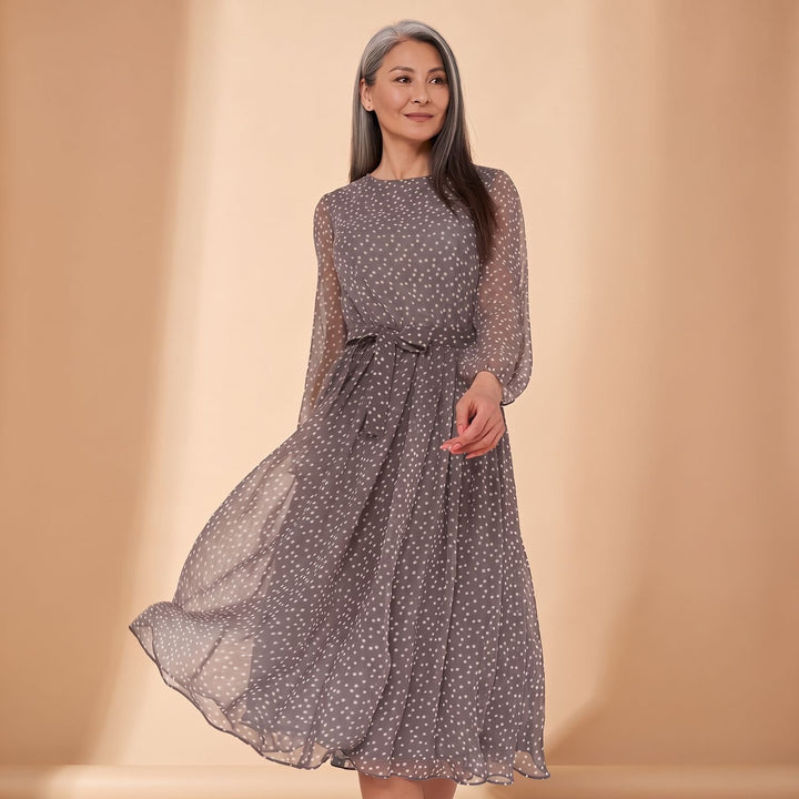 Women's Polka Dot Long Sleeve A-Line Midi Dress