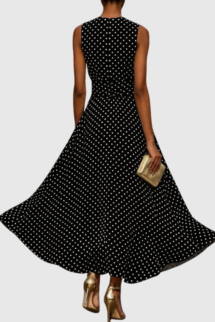 Women's Polka Dot Sleeveless Ruffle-Hem Maxi Evening Gown