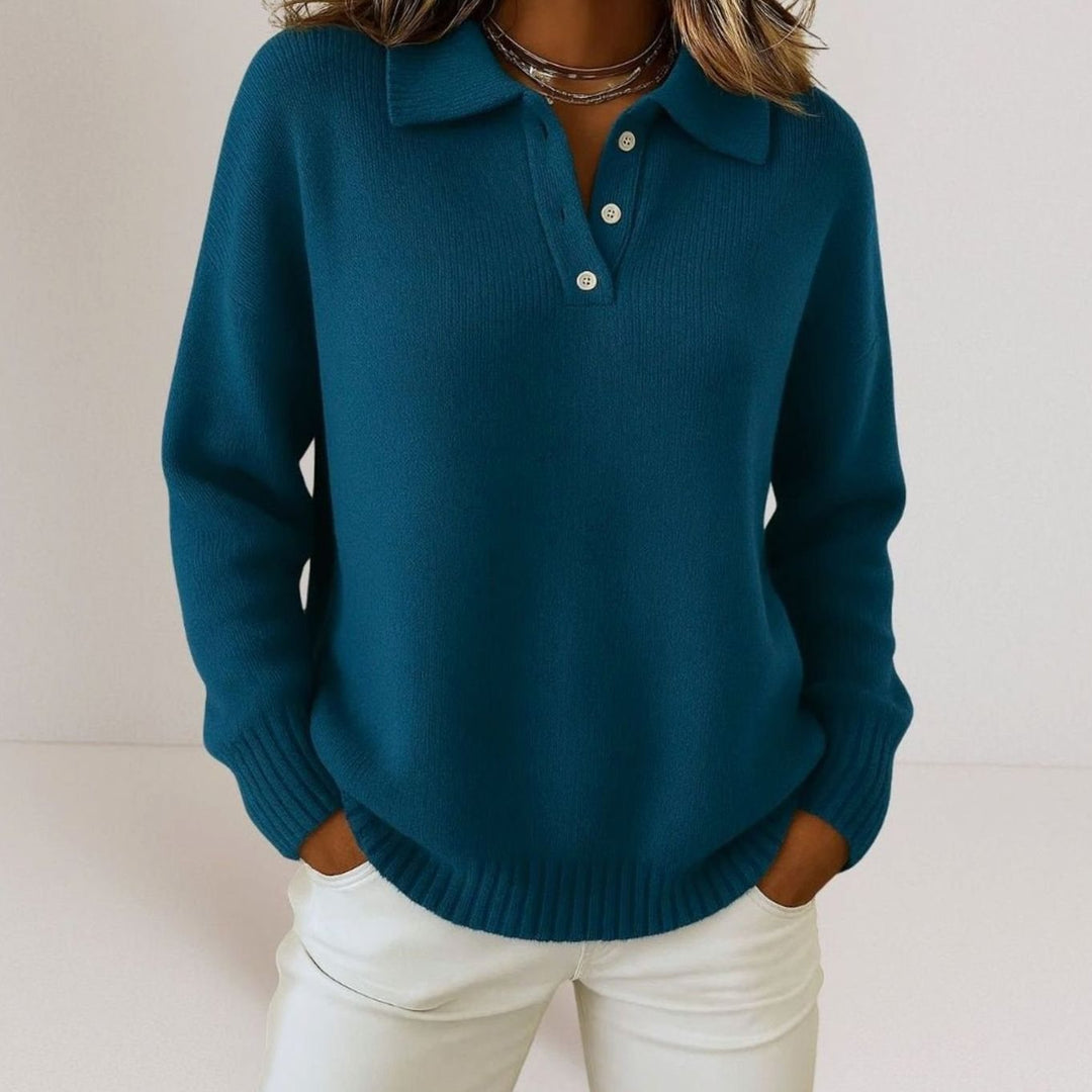 Women's Polo Collar Button-Placket Knit Sweater - Dark Blue