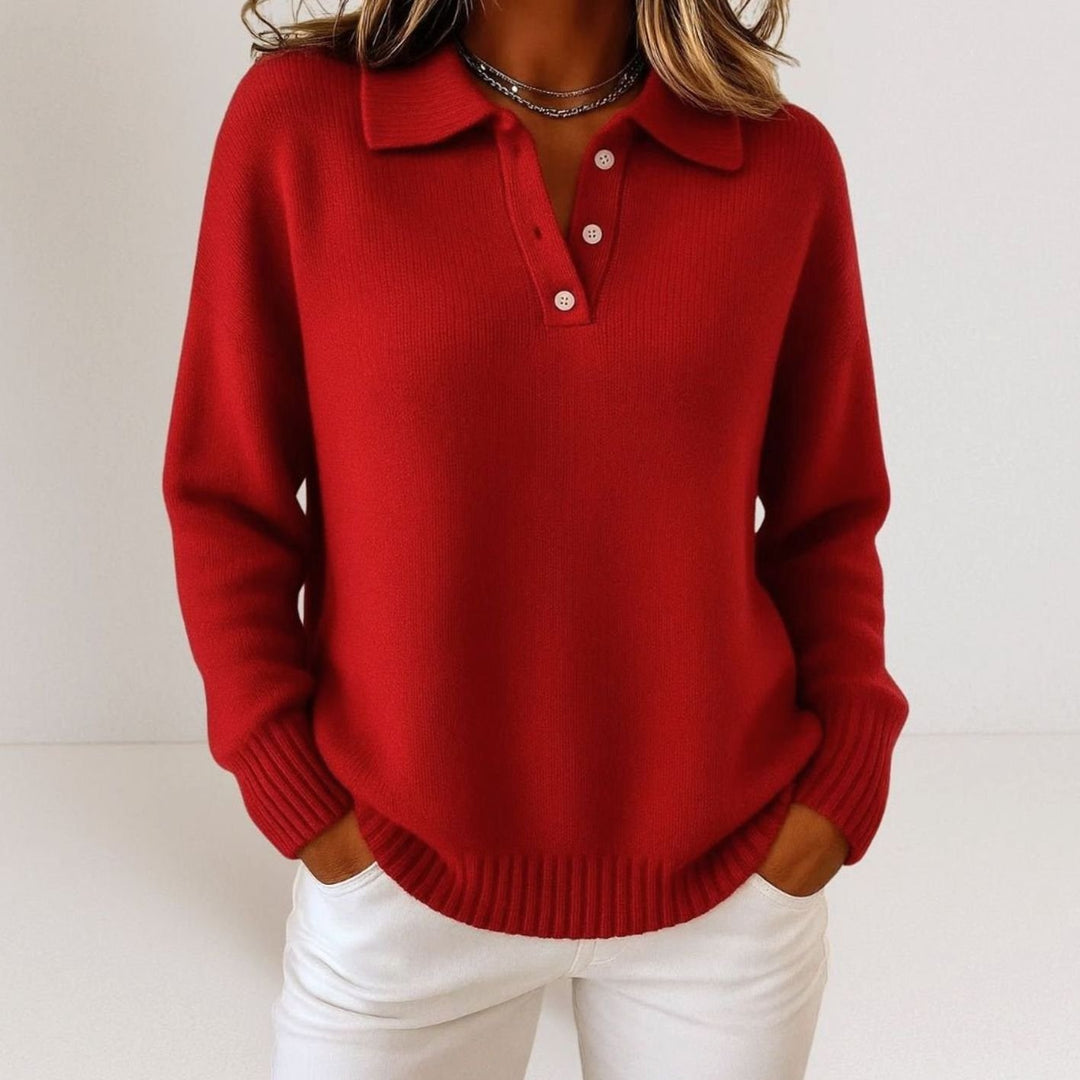 Women's Polo Collar Button-Placket Knit Sweater - Red