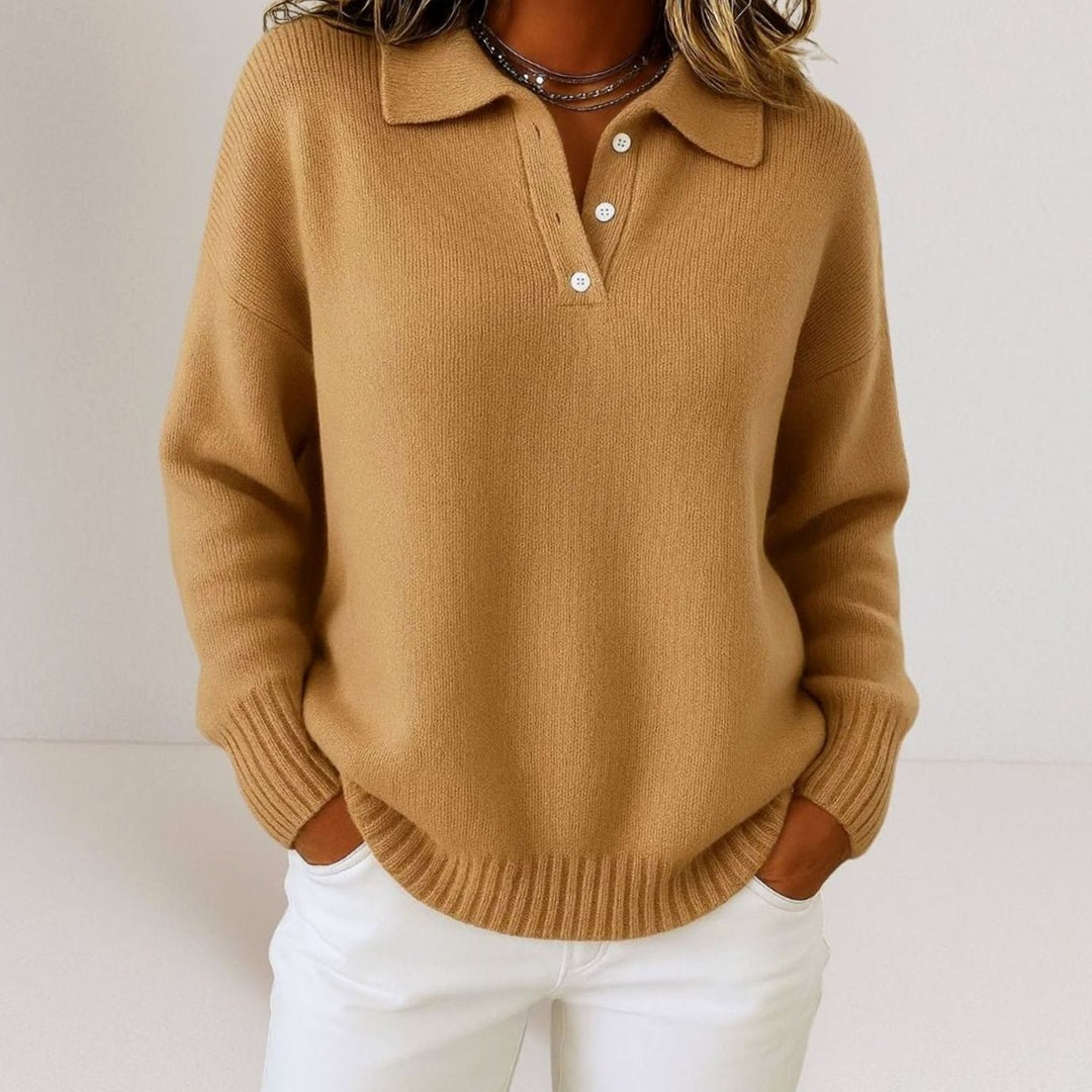 Women's Polo Collar Button-Placket Knit Sweater - Brown