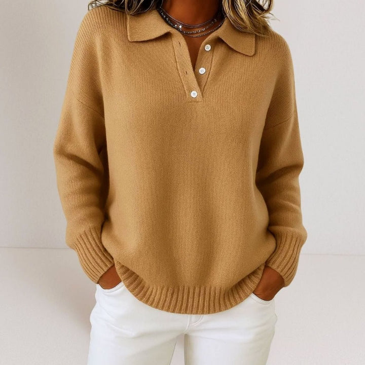 Women's Polo Collar Button-Placket Knit Sweater - Brown