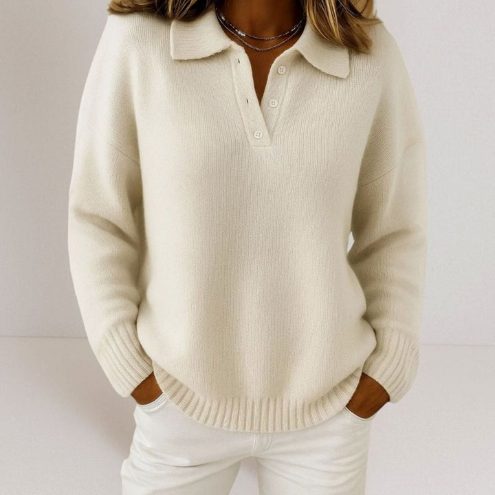 Women's Polo Collar Button-Placket Knit Sweater - White