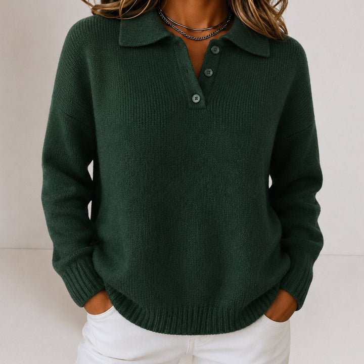 Women's Polo Collar Button-Placket Knit Sweater - Green