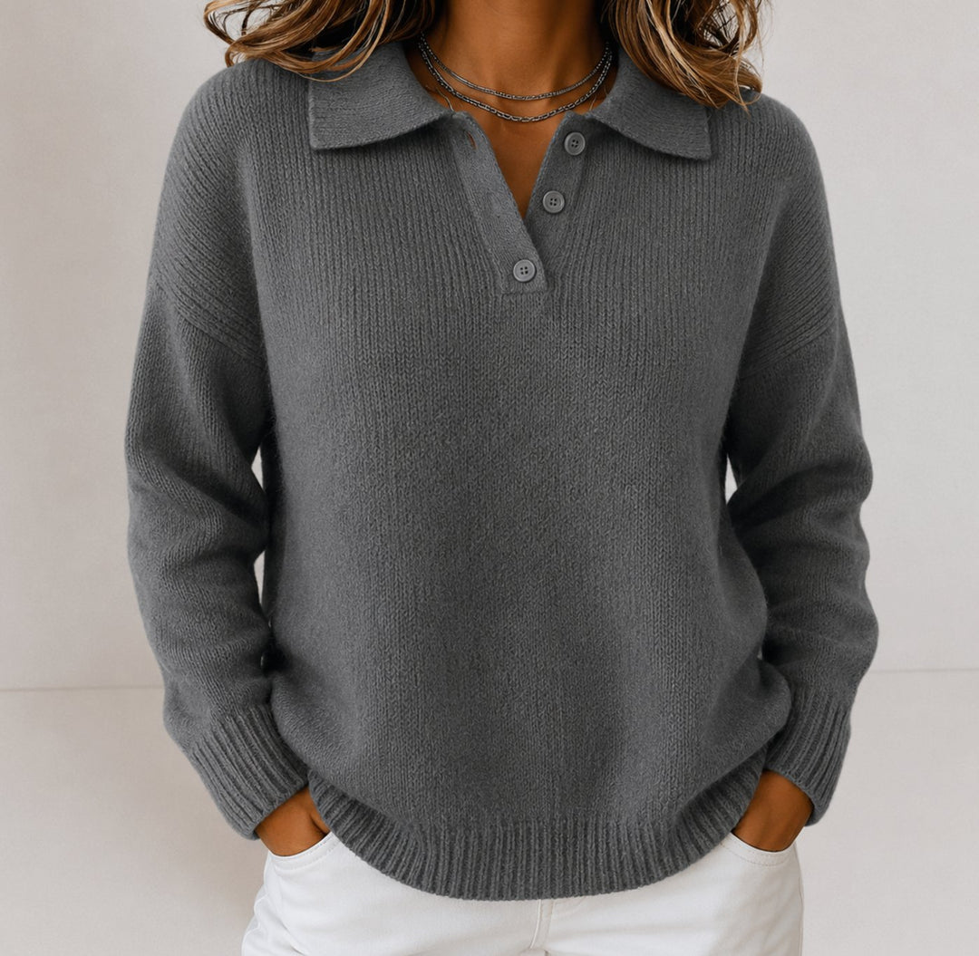 Women's Polo Collar Button-Placket Knit Sweater - Grey