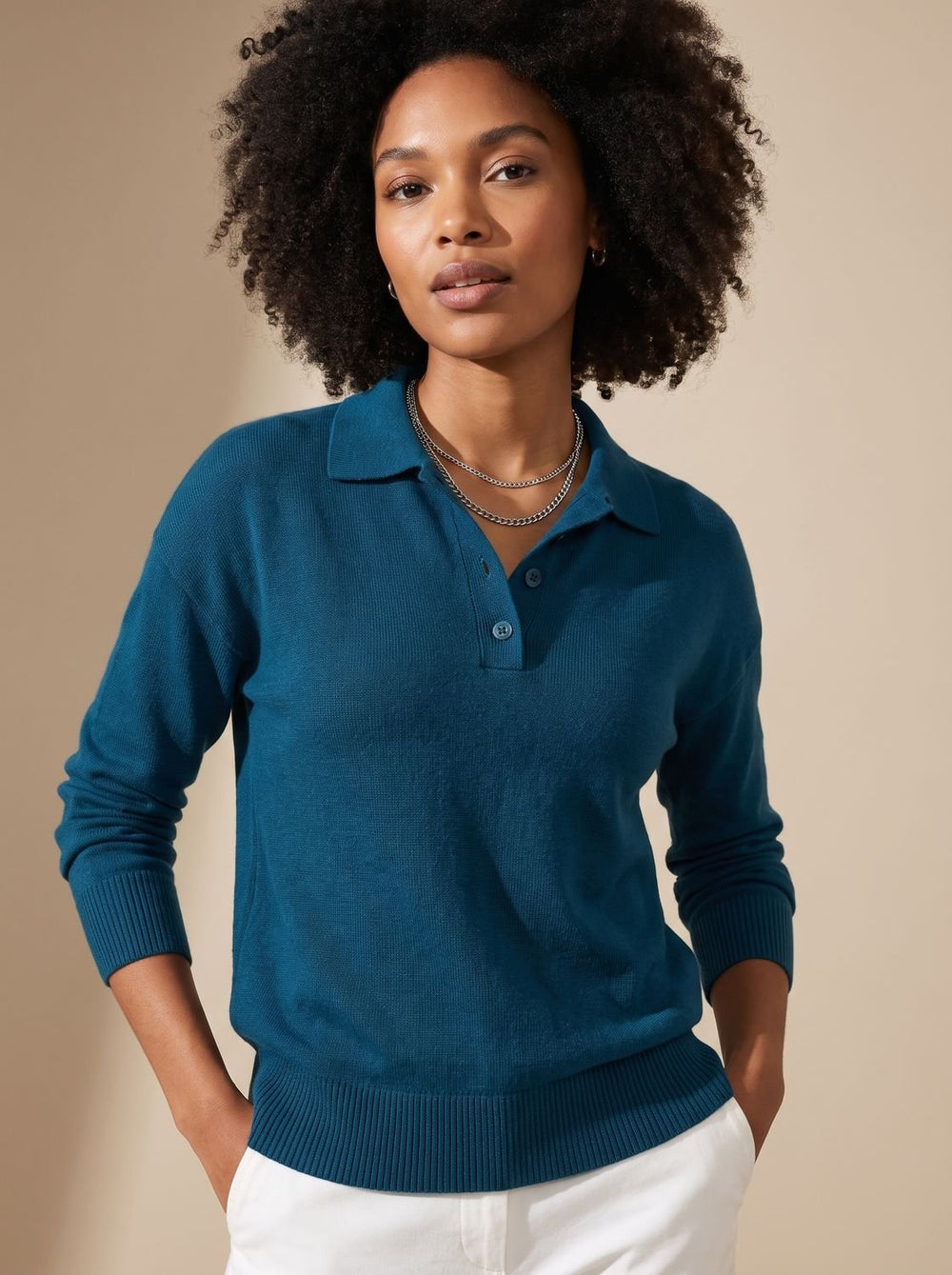 Women's Polo Collar Button-Placket Knit Sweater, Light Blue - Dark Blue